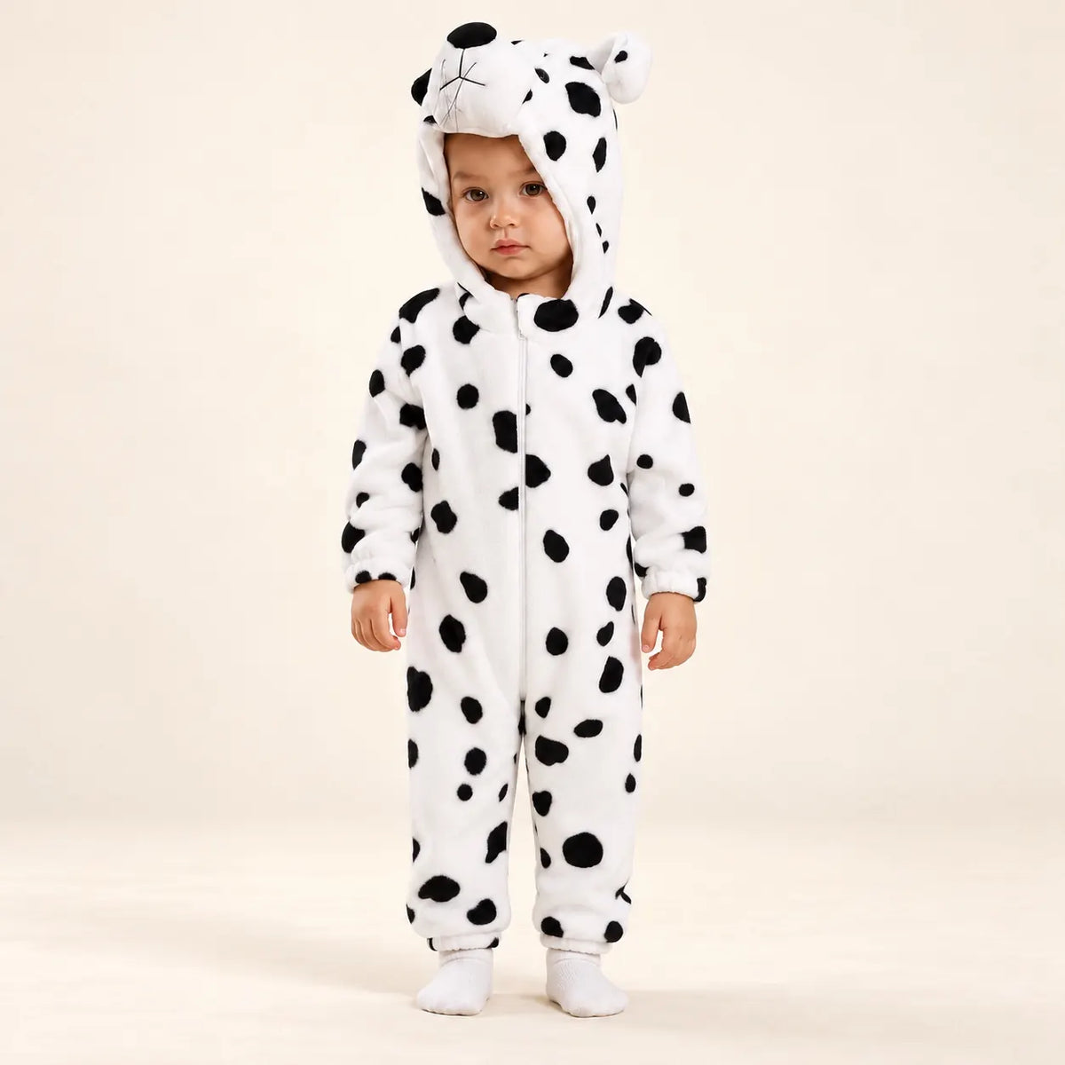 Puppy hooded winter romper with soft white fleece, black spots, 3D dog face, rounded ears and front zipper