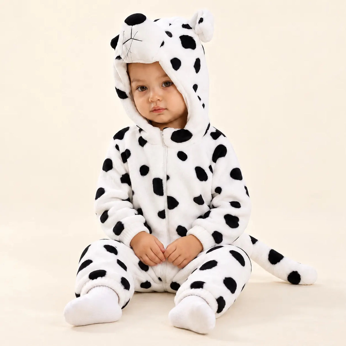 Child sitting in black and white Puppy Fleece Costume Jumpsuit with 3D puppy hood, front zipper and spotted plush tail
