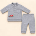 2 Piece Textured Jacquard Knit Winter Shirt & Pajama Set – Red Car Design – Grey