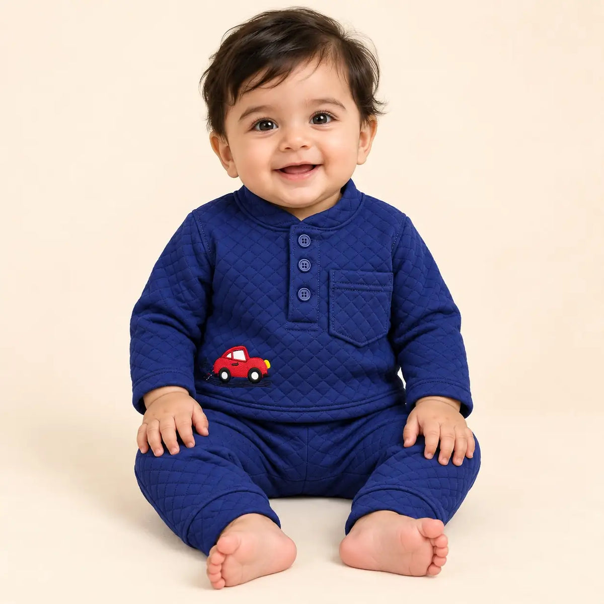 Navy blue 2-piece baby winter shirt and pajama set with diamond-textured jacquard knit fabric and red car embroidery