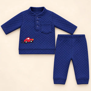 Navy blue 2-piece baby winter shirt and pajama set with diamond-textured jacquard knit fabric and red car embroidery
