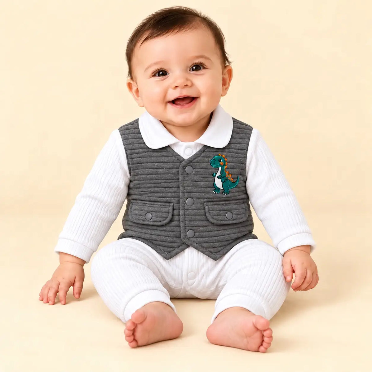 Baby Wearing Dinosaur Grey and White Romper with Quilted Vest – Full Sleeve Two Piece Baby Outfit