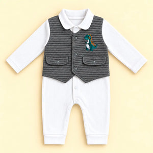 Baby Romper with Quilted Vest Dinosaur Grey and White – Full Sleeve Ribbed Romper with Embroidered Grey Vest Front View