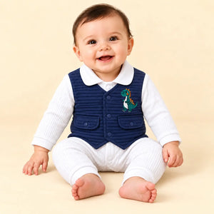 Baby Wearing Dinosaur Navy Blue and White Romper with Quilted Vest – Full Sleeve Two Piece Baby Outfit