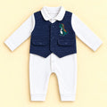 Baby Romper with Quilted Vest Dinosaur Navy Blue and White – Full Sleeve Ribbed Romper with Embroidered Navy Vest Front View