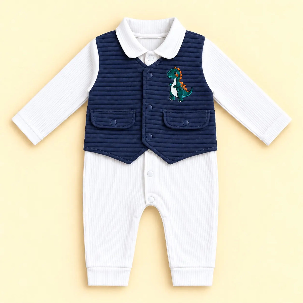 Baby Romper with Quilted Vest Dinosaur Navy Blue and White – Full Sleeve Ribbed Romper with Embroidered Navy Vest Front View