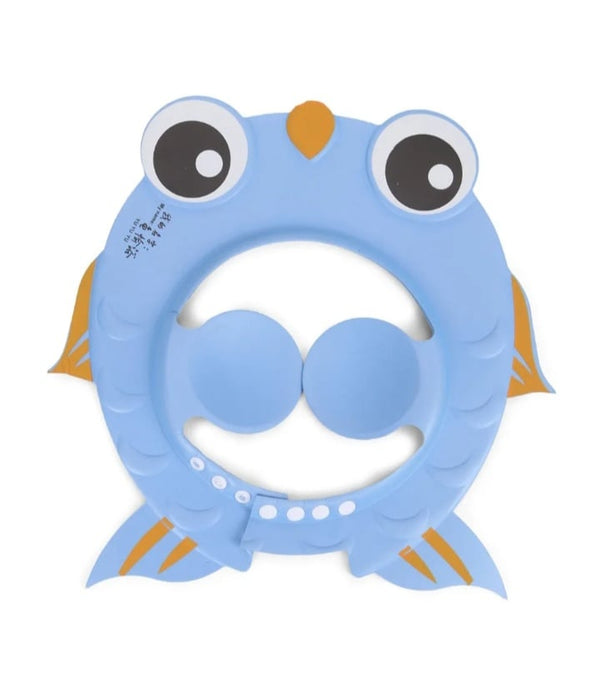 Cute baby character shower cap designed to keep water and soap out of baby's eyes. Adjustable, waterproof, and comfortable for bath time fun.