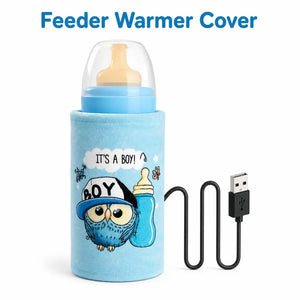 Blue feeder warmer cover with boy owl design and USB cable