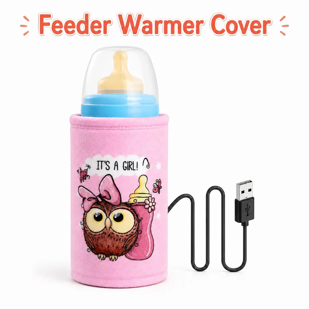 Pink feeder warmer cover with girl owl design and USB cable