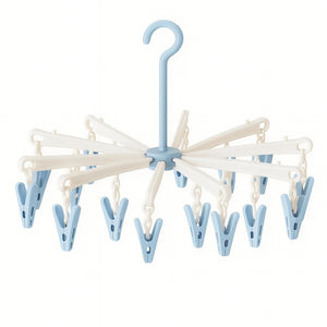 Blue foldable baby clothes dryer hanger with 20 clips and swivel hook