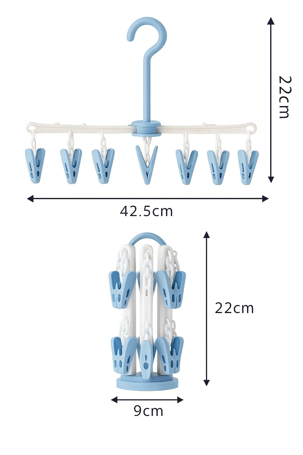 Blue baby clothes dryer hanger showing 42.5 cm width and 22 cm height