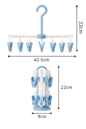 Blue baby clothes dryer hanger showing 42.5 cm width and 22 cm height