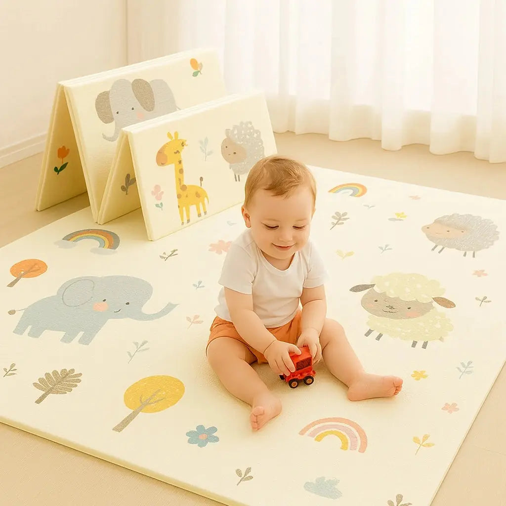 Baby playing on 6-layer foldable waterproof play mat with cushioned animal print surface