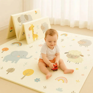 Baby playing on 6-layer foldable waterproof play mat with cushioned animal print surface