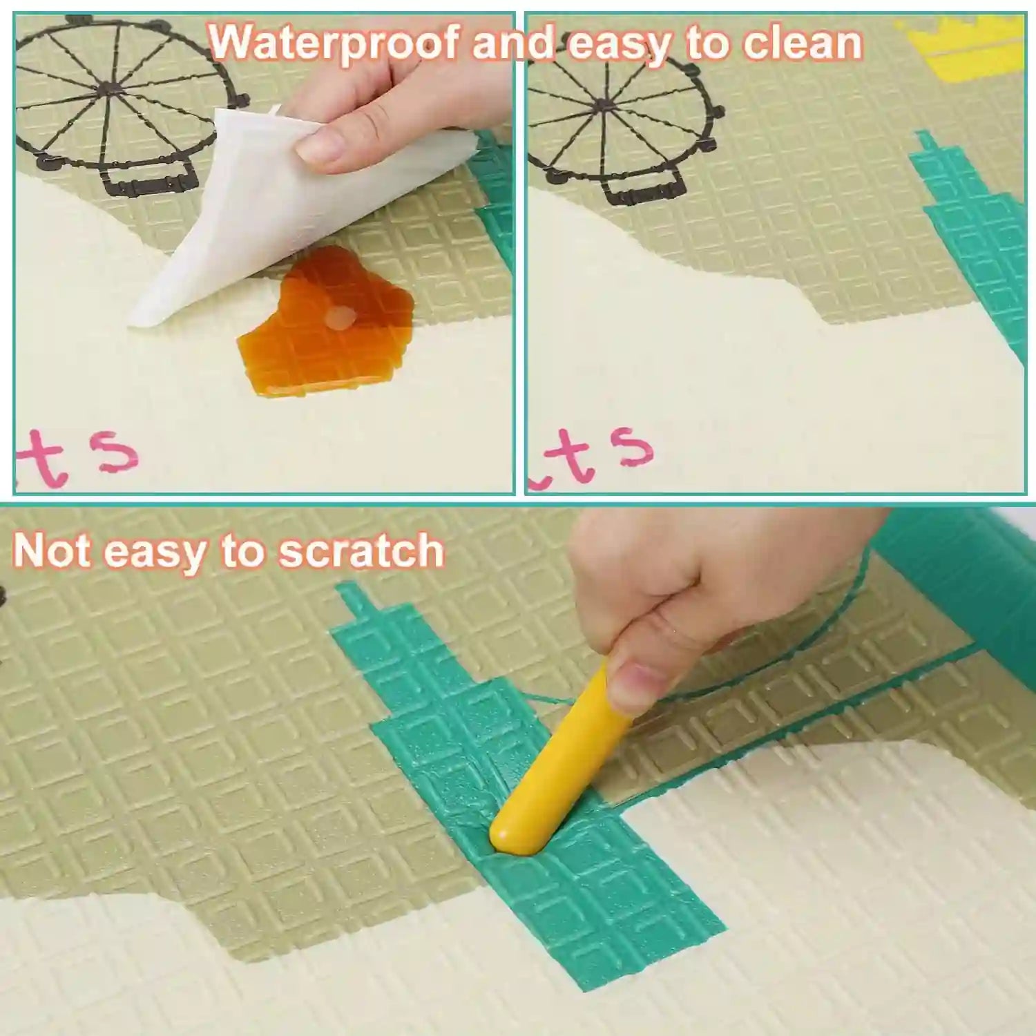 Waterproof baby play mat easy-clean surface being wiped