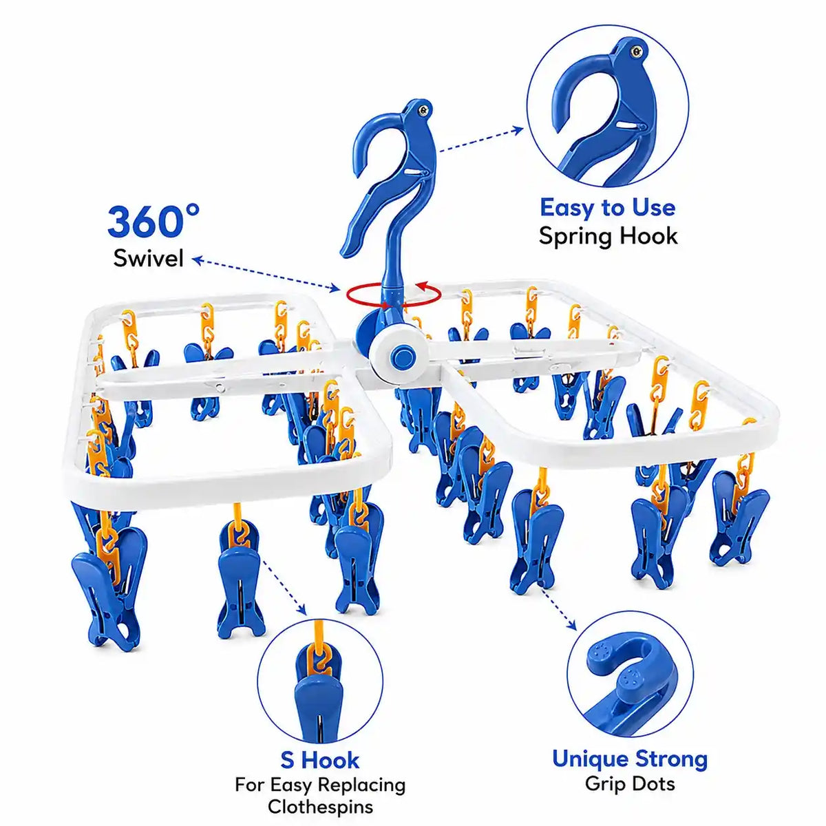 Foldable clothes drying hanger with 360 degree swivel spring hook 