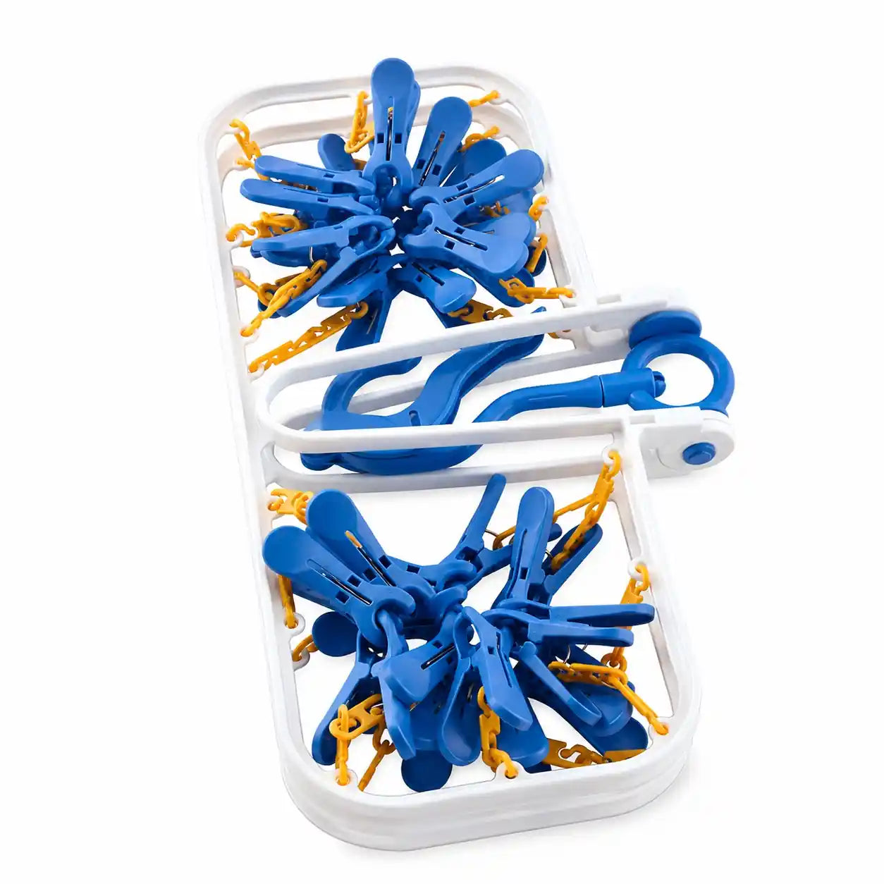 Foldable clothes drying hanger in compact storage position