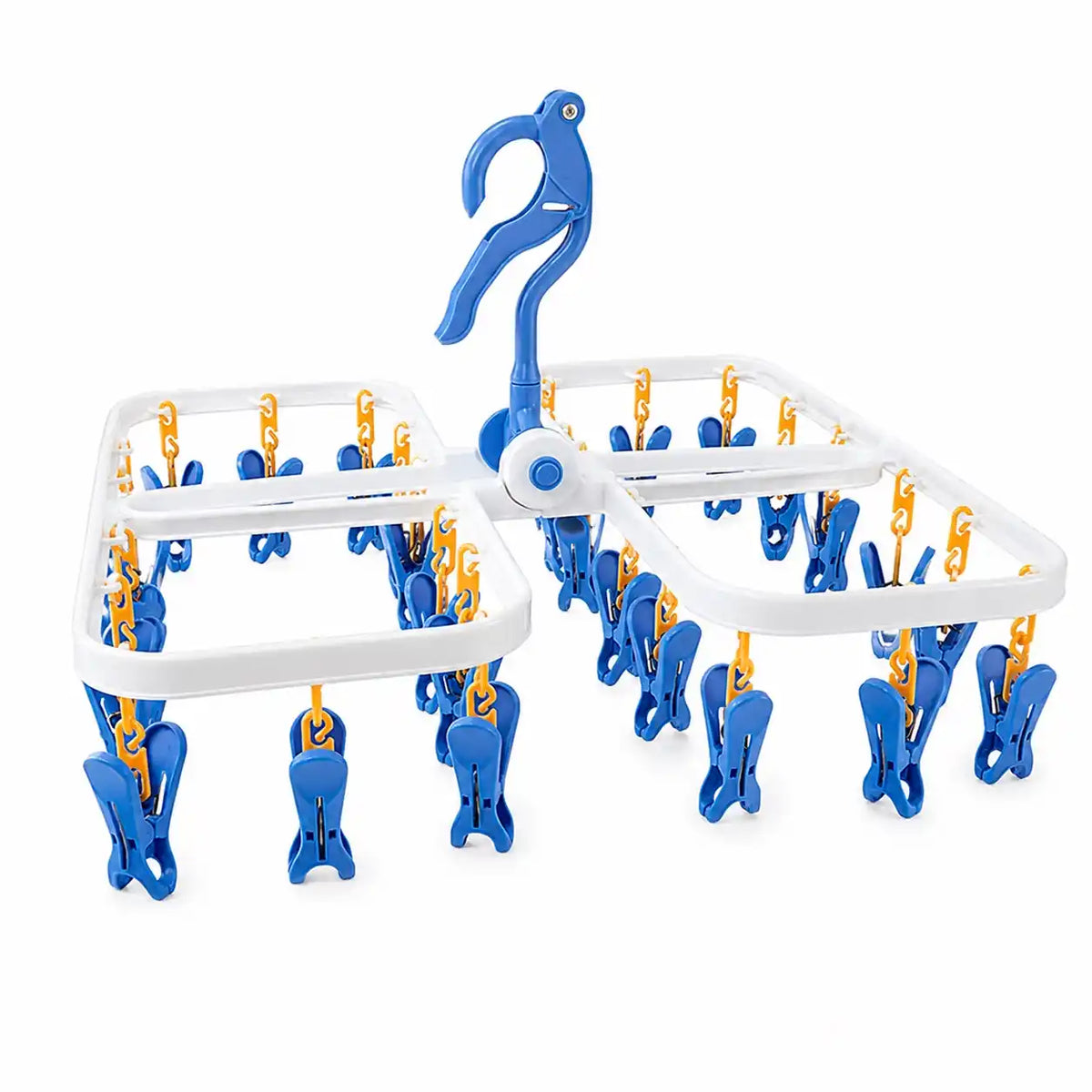 Foldable clothes drying hanger with multiple blue clips