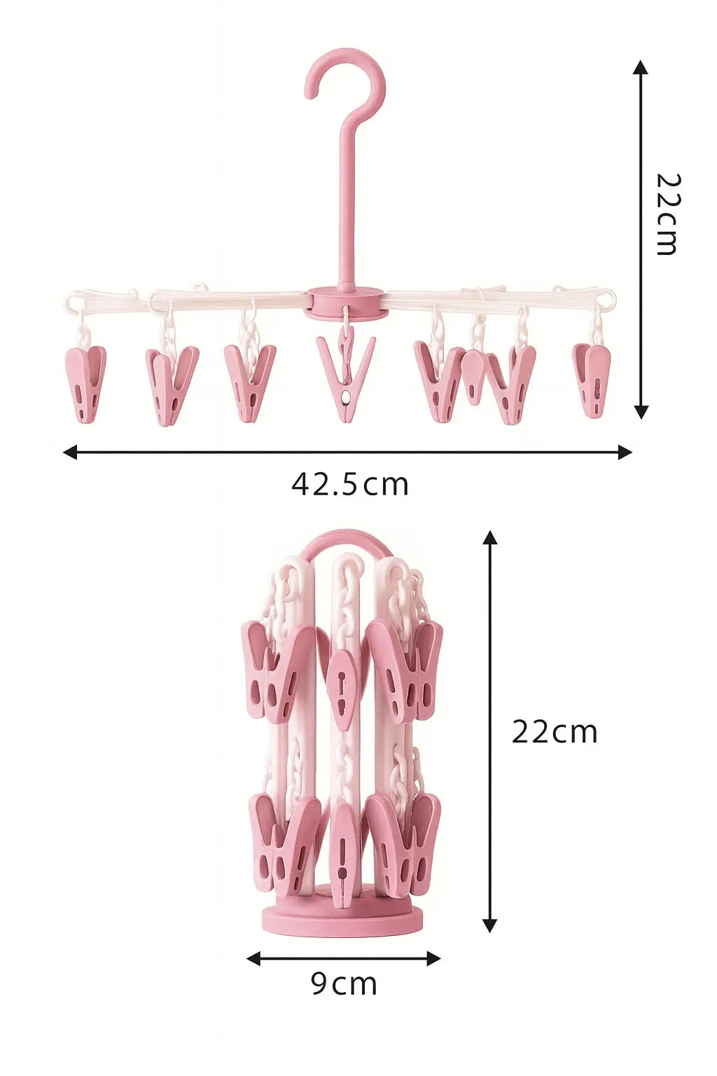 Pink baby clothes dryer hanger showing 42.5 cm width and 22 cm height