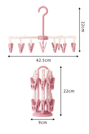 Pink baby clothes dryer hanger showing 42.5 cm width and 22 cm height