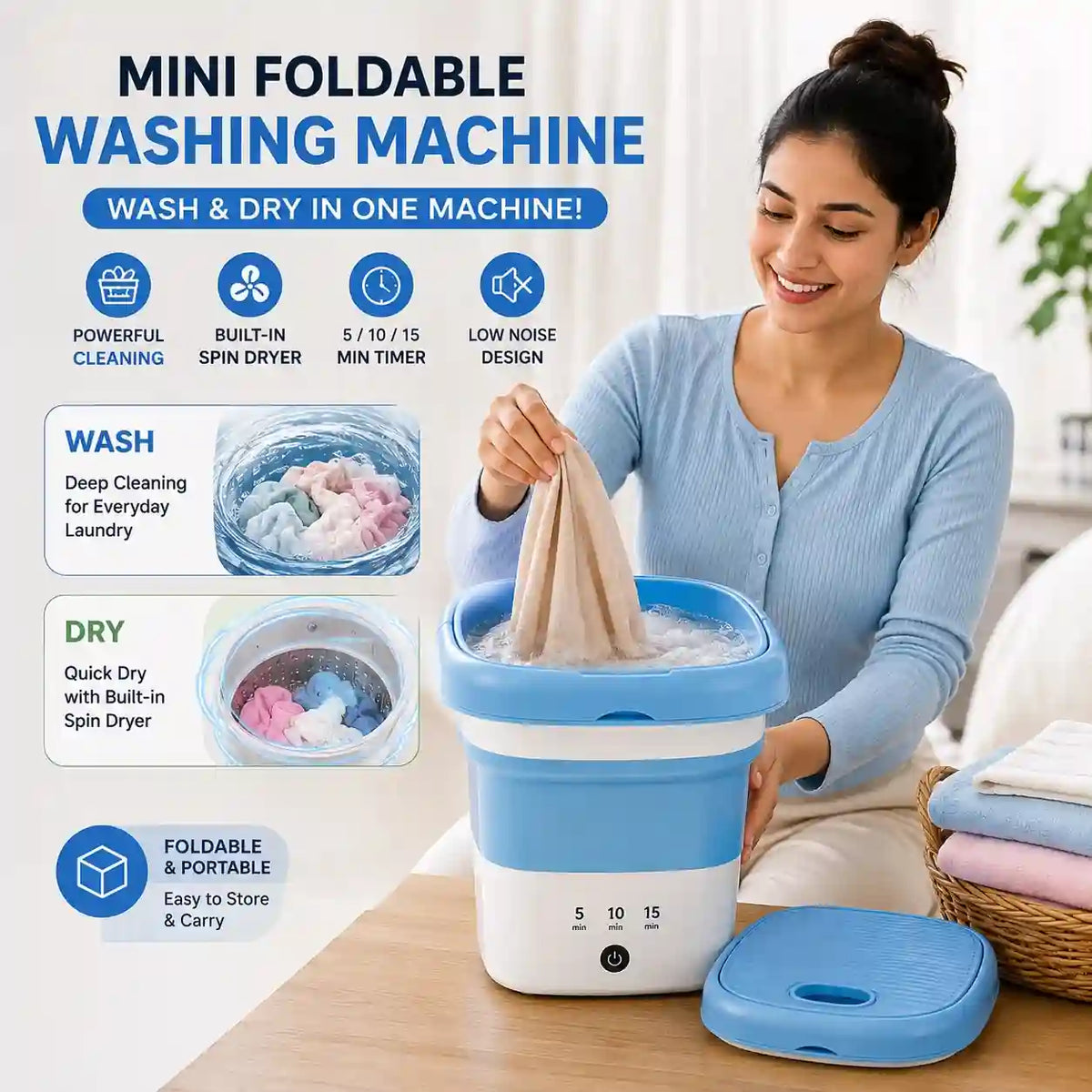 Compact foldable washing machine stored in a suitcase for travel and small spaces