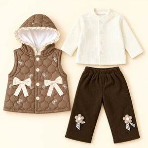 Girls 3 piece winter dress set with brown quilted hooded vest, cream ribbed top and dark brown floral pajama