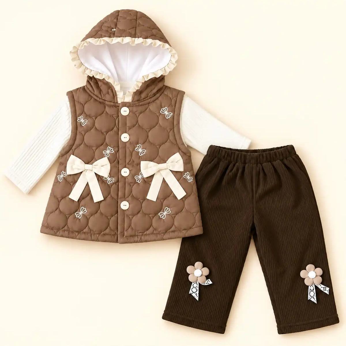 Brown quilted hooded vest with cream bow and floral details layered over ribbed top, paired with dark brown girls winter pajama