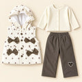 Cream hooded girls winter vest with four brown bows, matching cream ribbed long-sleeve top and grey elastic waist pajama