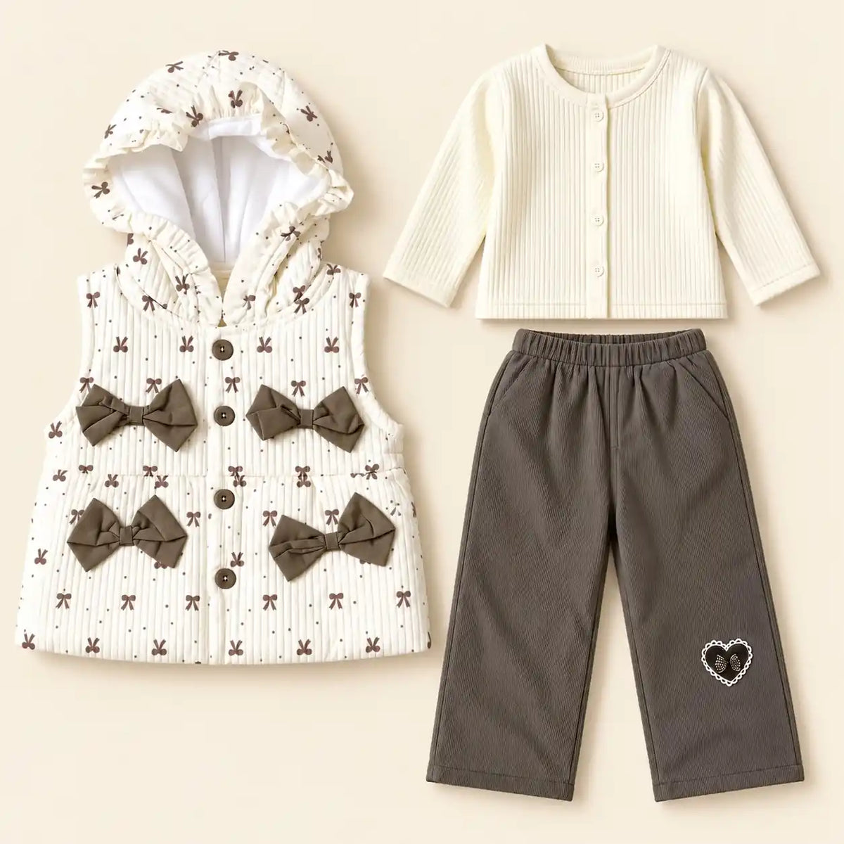 Cream hooded girls winter vest with four brown bows, matching cream ribbed long-sleeve top and grey elastic waist pajama