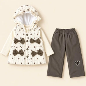 Girls 3 piece winter outfit with cream hooded vest featuring brown bow print, ribbed top and grey pajama with heart detail