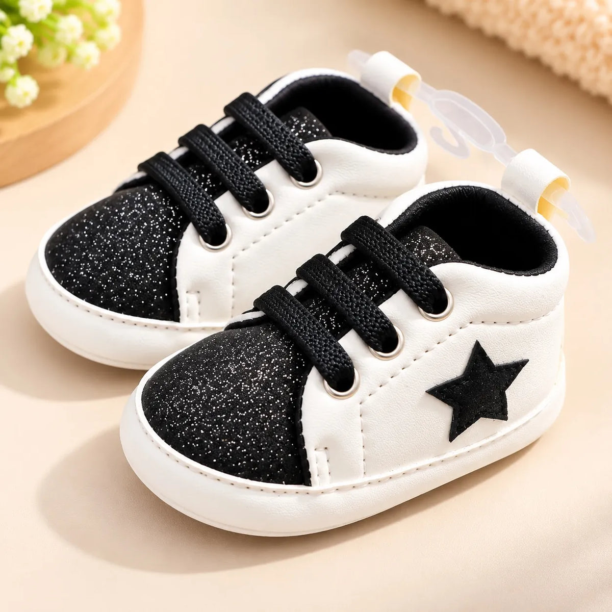 Black Glitter Star Baby Shoes White and Black Lace-Up Prewalker Sneakers Side Angle View