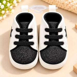 Black Glitter Star Baby Shoes White and Black Lace-Up Prewalker Sneakers Front View