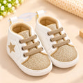 Golden Glitter Star Baby Shoes White and Gold Lace-Up Prewalker Sneakers Side Angle View