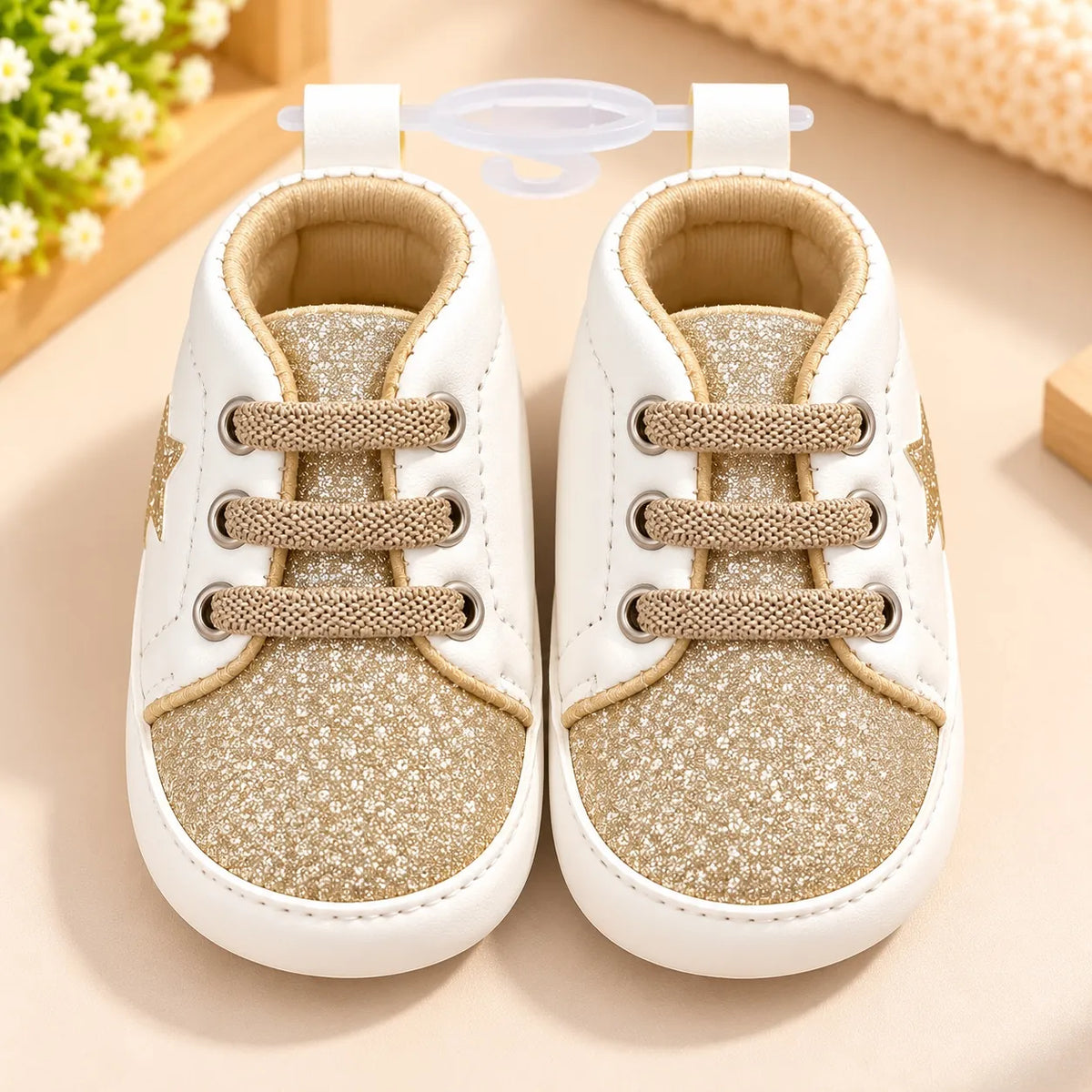 Golden Glitter Star Baby Shoes White and Gold Lace-Up Prewalker Sneakers Front View