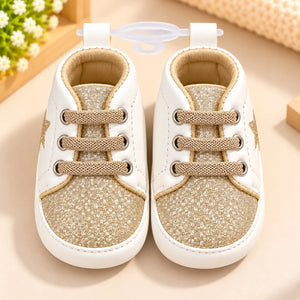 Golden Glitter Star Baby Shoes White and Gold Lace-Up Prewalker Sneakers Front View