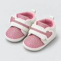 Pink Glitter Heart Strap Baby Shoes White and Pink Baby Girl Prewalker Shoes Side Angle View