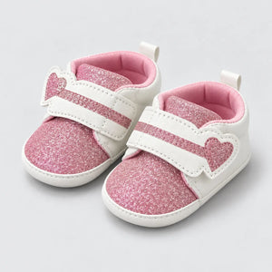 Pink Glitter Heart Strap Baby Shoes White and Pink Baby Girl Prewalker Shoes Side Angle View