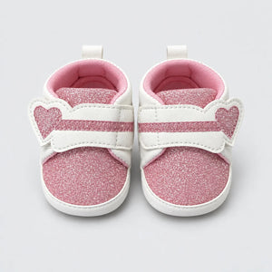 Pink Glitter Heart Strap Baby Shoes White and Pink Baby Girl Prewalker Shoes Front View