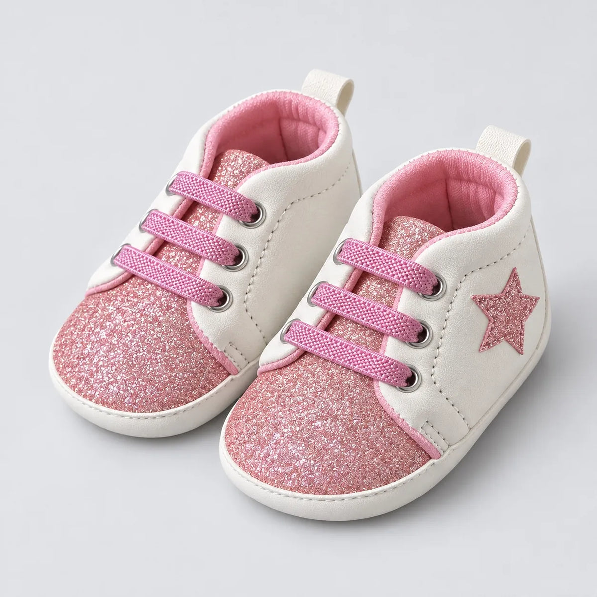 Pink Glitter Star Baby Shoes White and Pink Lace-Up Prewalker Sneakers Side Angle View