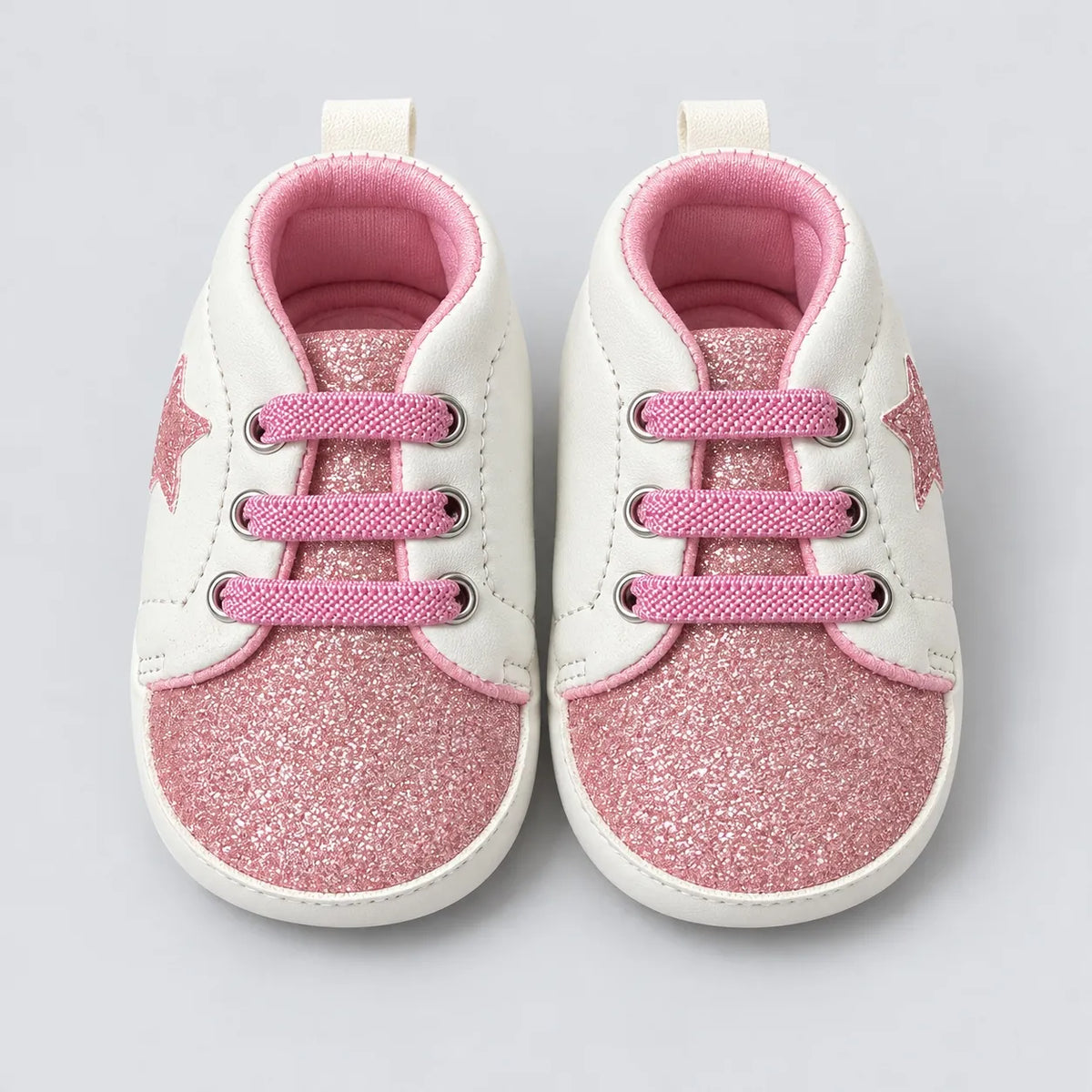 Pink Glitter Star Baby Shoes White and Pink Lace-Up Prewalker Sneakers Front View