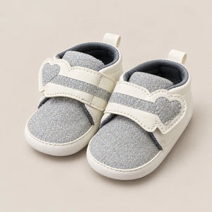 Silver Glitter Heart Strap Baby Shoes White and Silver Prewalker Sneakers Side Angle View