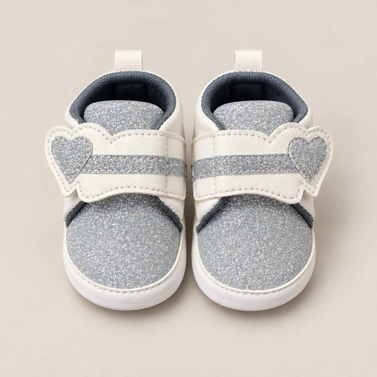 Silver Glitter Heart Strap Baby Shoes White and Silver Prewalker Sneakers Front View