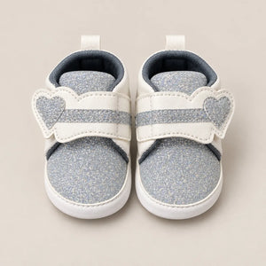 Silver Glitter Heart Strap Baby Shoes White and Silver Prewalker Sneakers Front View