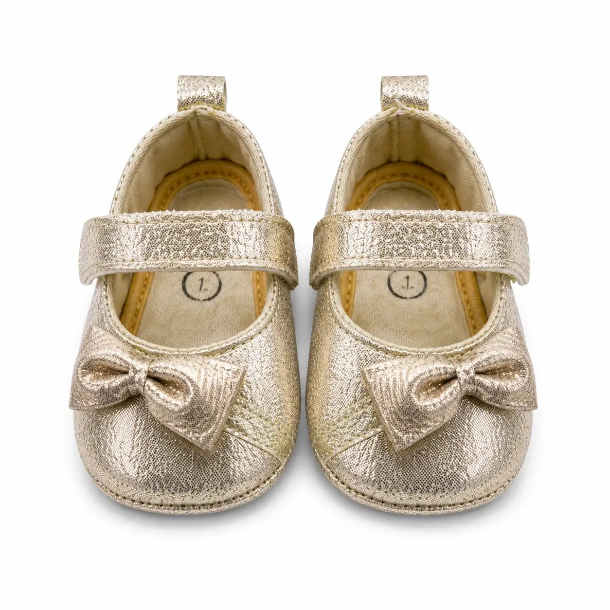 Front view of baby girls gold bow soft sole prewalker shoes
