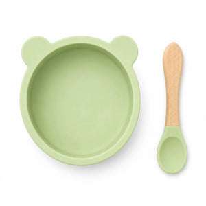 Green bear-shaped baby silicone feeding bowl with soft-tip wooden spoon