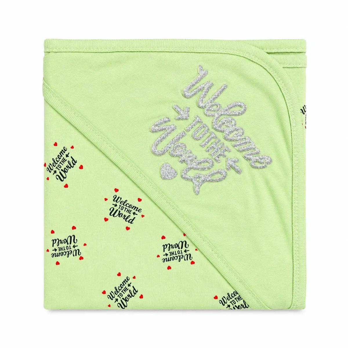 Green baby wrapping sheet with Welcome to the World print