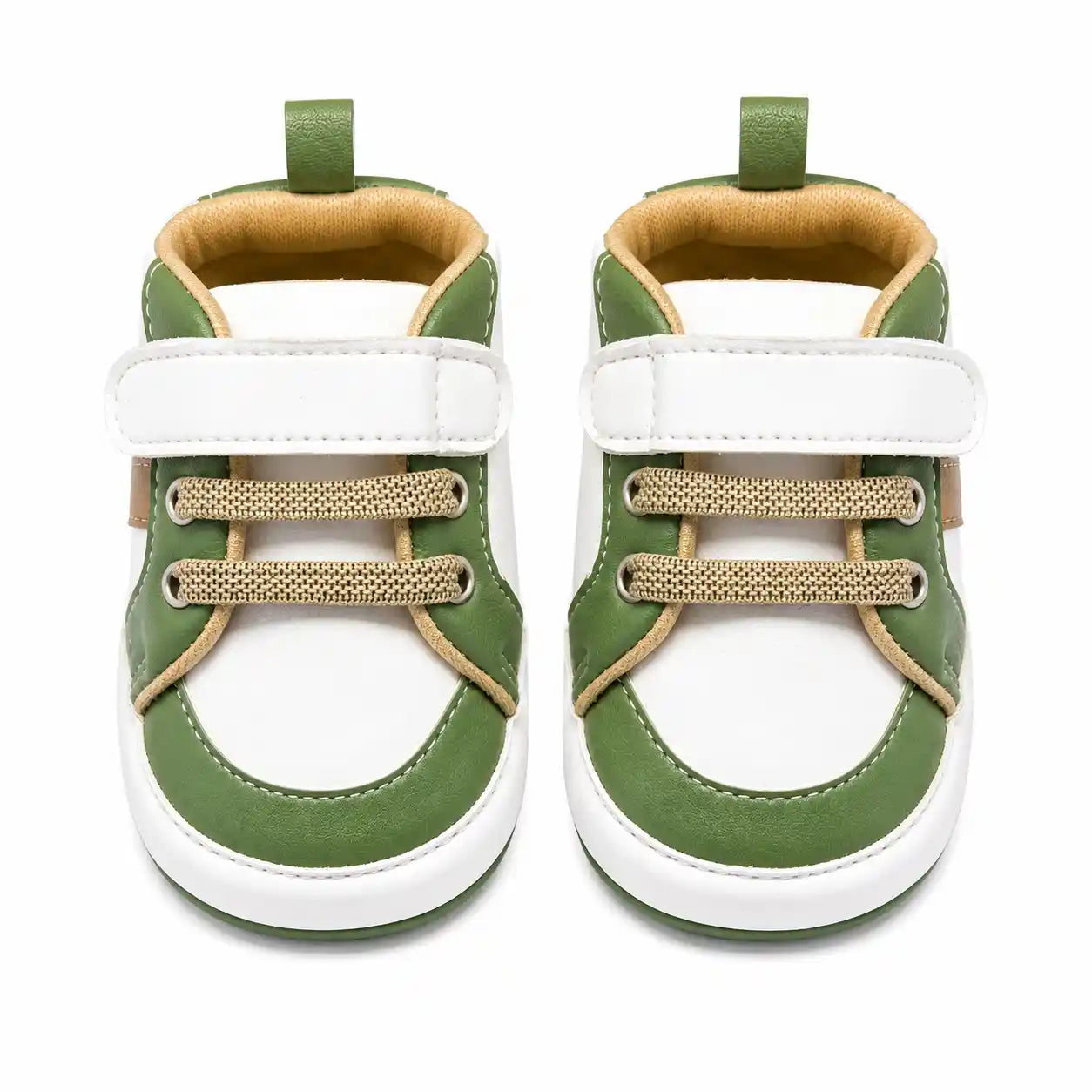 Green and white strap baby shoes with beige lace detailing front view