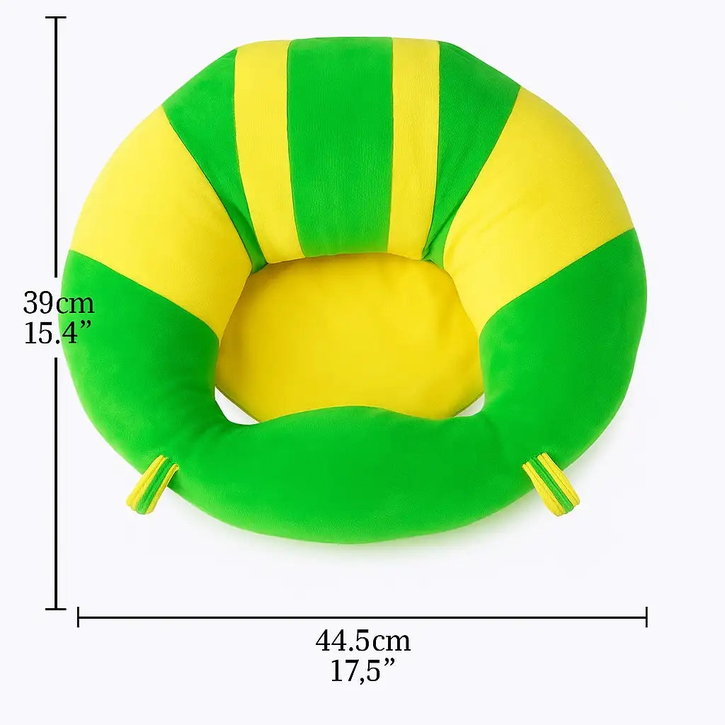 Green plush baby sitting chair with product size details