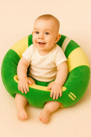 Baby sitting comfortably in a green and yellow plush support seat