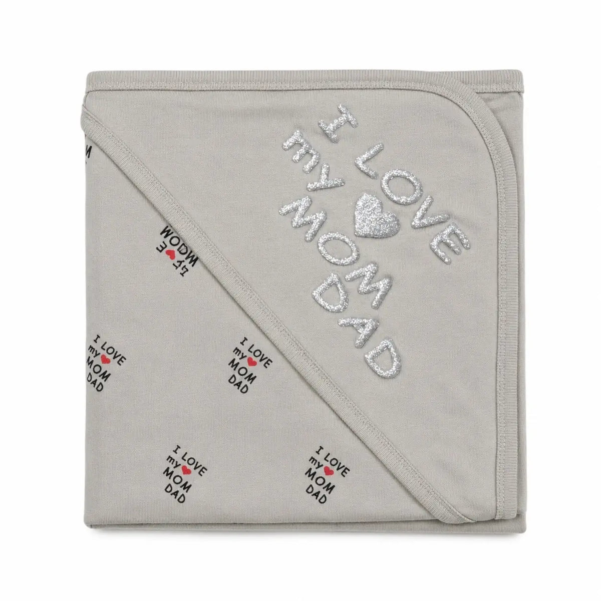 Grey baby wrapping sheet with I Love My Mom Dad silver heart design